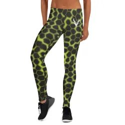 Leggings HiveMotion – Vista frontale con design esagonale psichedelico.
